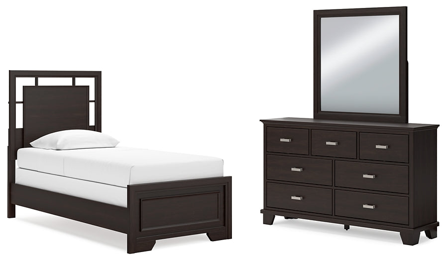 Covetown Twin Panel Bed with Mirrored Dresser