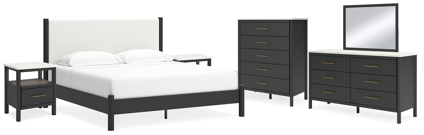 Cadmori King Upholstered Panel Bed with Mirrored Dresser, Chest and 2 Nightstands