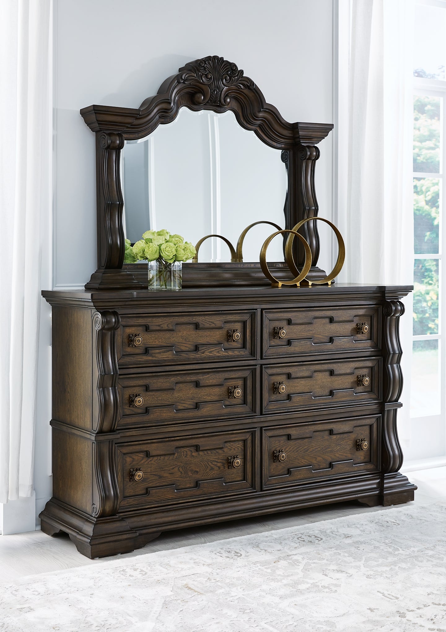 Maylee King Upholstered Bed with Mirrored Dresser