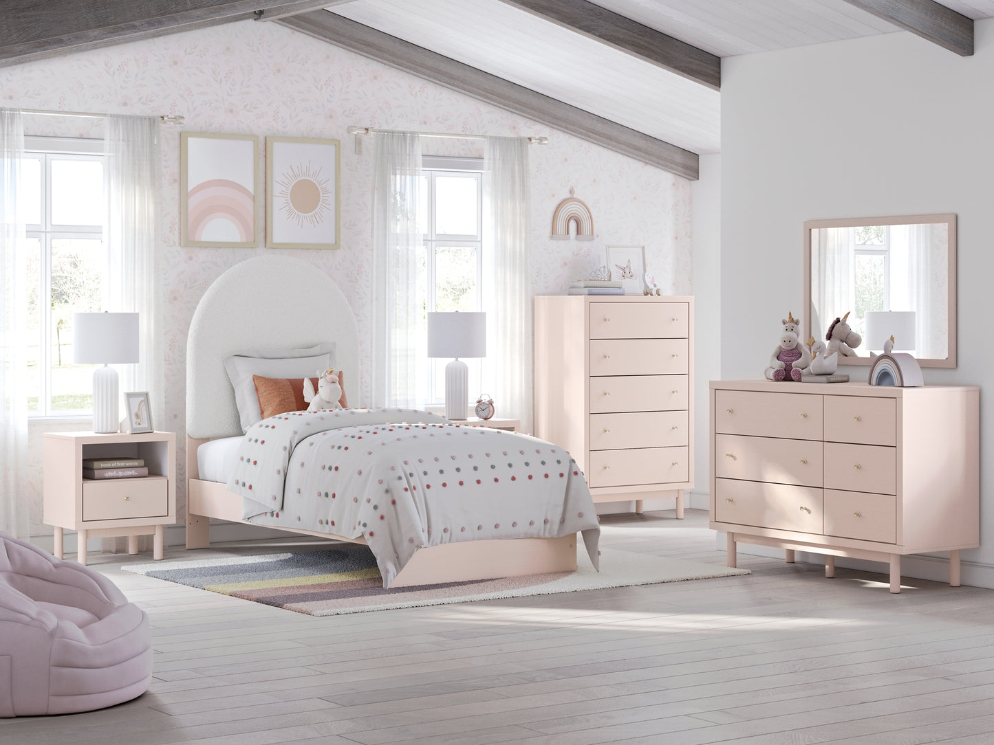 Wistenpine Twin Upholstered Panel Bed with Mirrored Dresser, Chest and 2 Nightstands