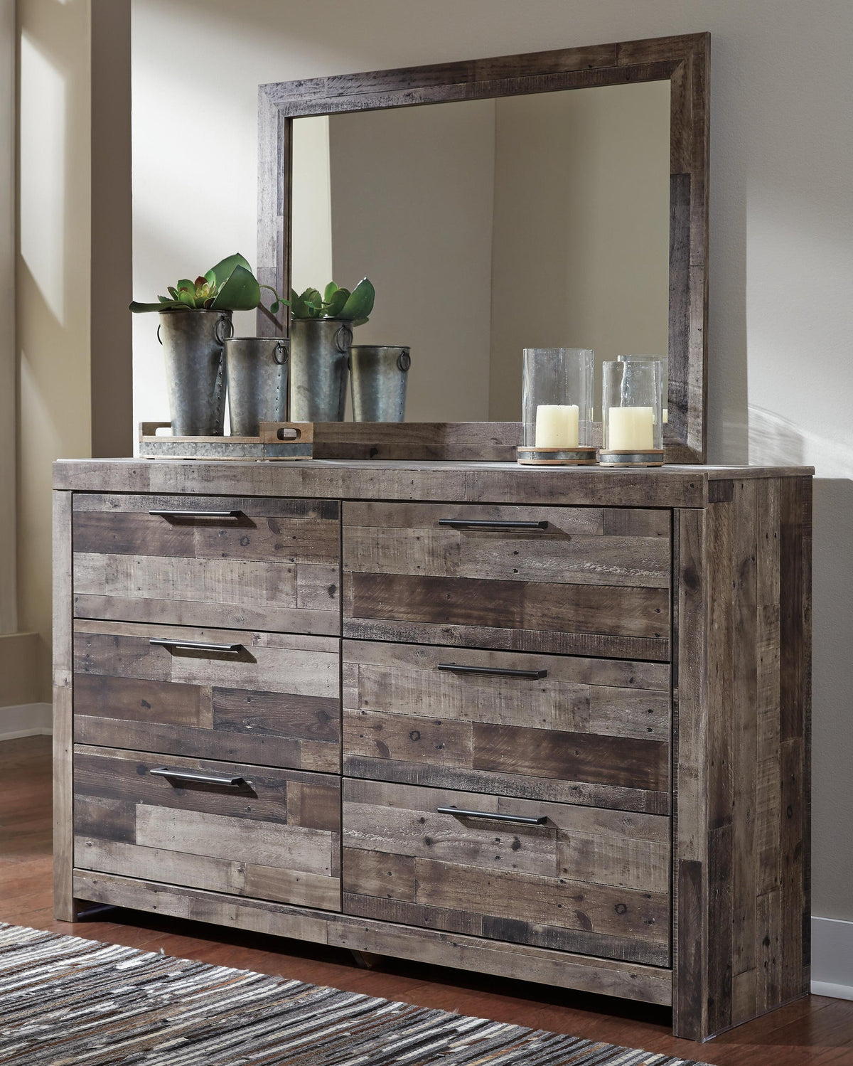 Derekson Full Panel Headboard Bed with Mirrored Dresser