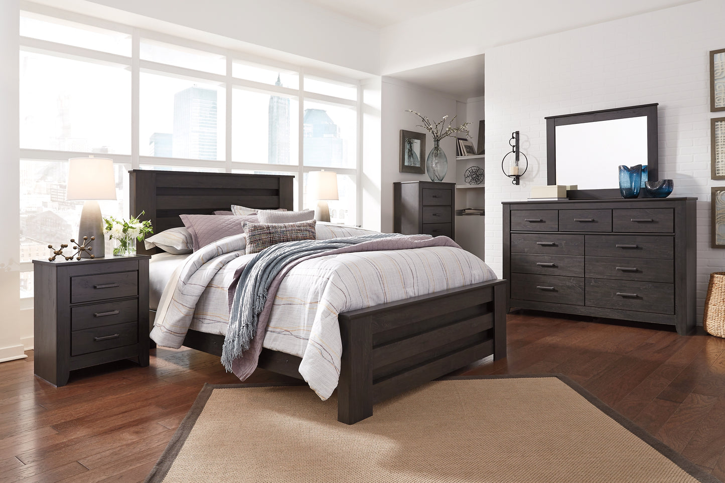 Brinxton Queen Panel Bed with Mirrored Dresser and 2 Nightstands