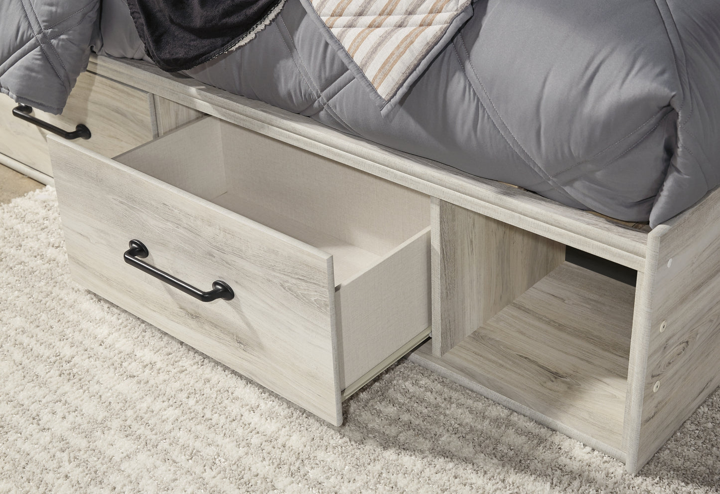 Cambeck Full Panel Bed with 4 Storage Drawers with Mirrored Dresser and 2 Nightstands