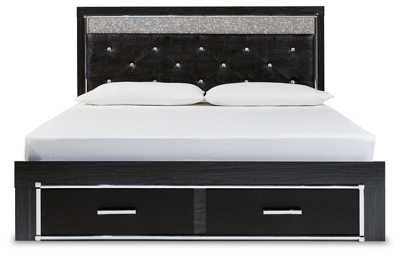 Kaydell King Upholstered Panel Storage Platform Bed with Mirrored Dresser and 2 Nightstands