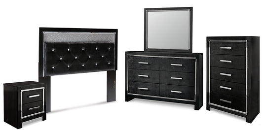 Kaydell Queen Upholstered Panel Headboard with Mirrored Dresser, Chest and Nightstand